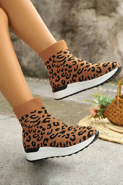 Colorblock Leopard Pattern Round Toe Casual Pull On Ankle Boots