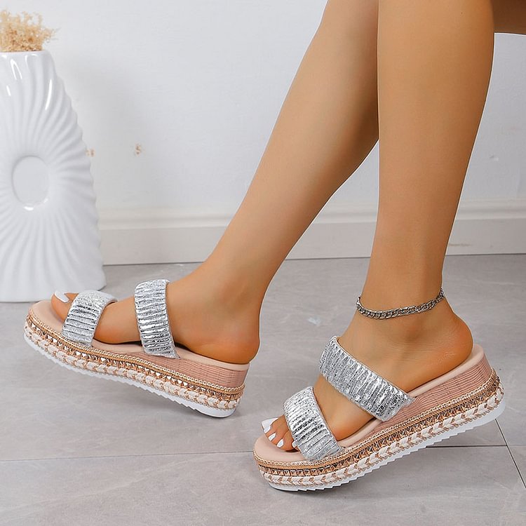 Textured Pleated Design Round Toe Plain Instep Straps Platform Slippers