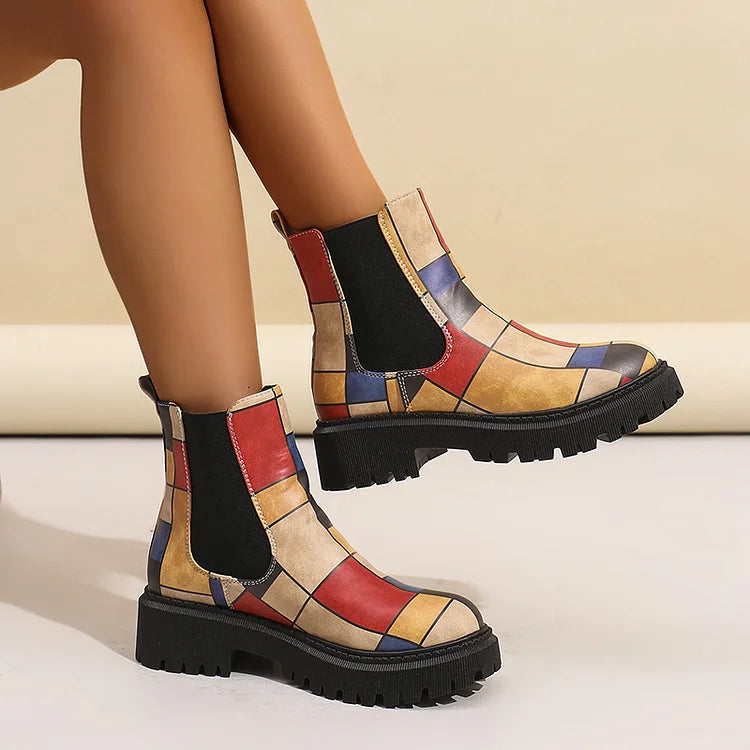 Round Toe Multicolor Print Patchwork Chunky Heel Ankle Boots