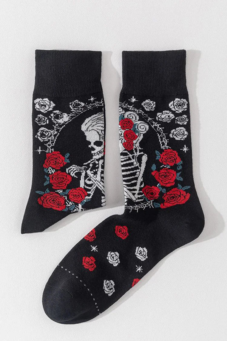 Halloween Skeleton Lady Colorblock Roses Pattern Mid Calf Socks