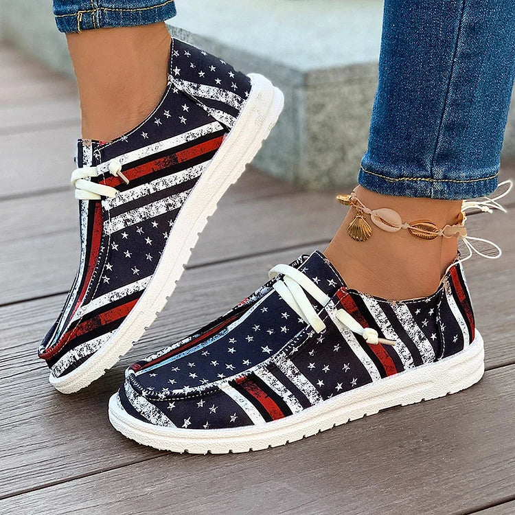 Colorblock Striped Star Flag Print Round Toe Lace Up Sneakers