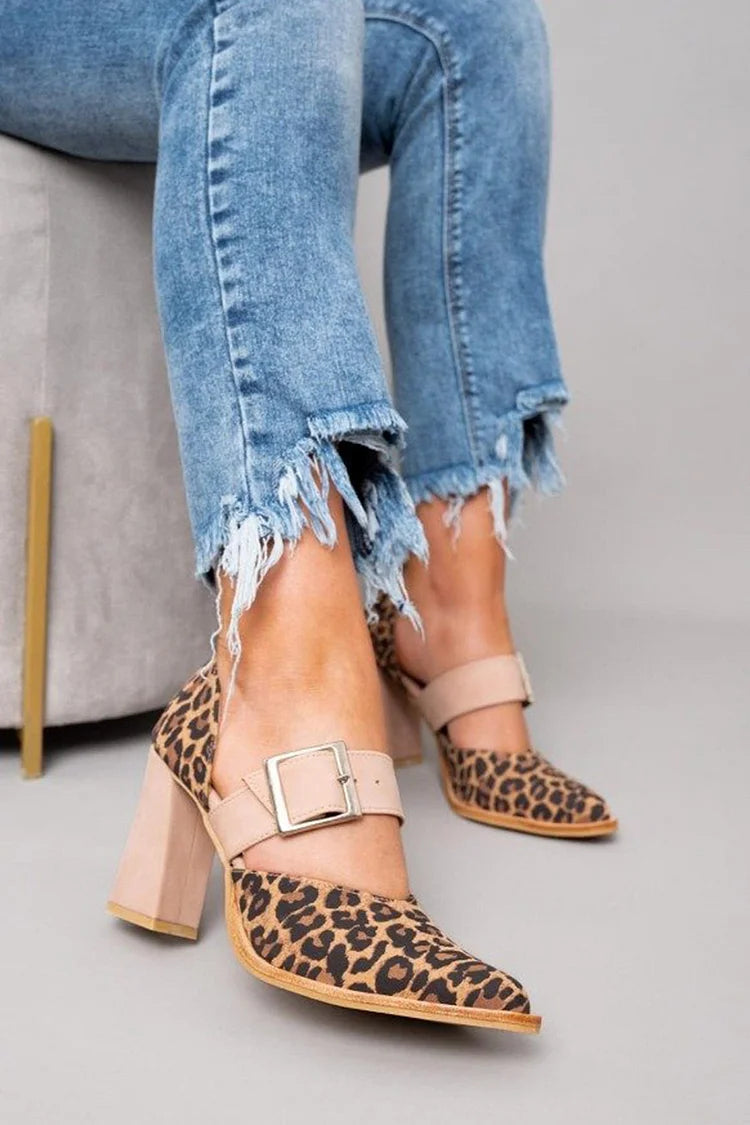 Pointed Toe Strap Buckle Leopard Print Khaki Chunky Heels