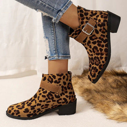 Patchwork Strap Buckle Decor Zipper Leopard Print Ankle Boots