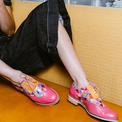 Multicolor Triangle Print Round Toe Lace Up Pink Oxfords [Pre Order]