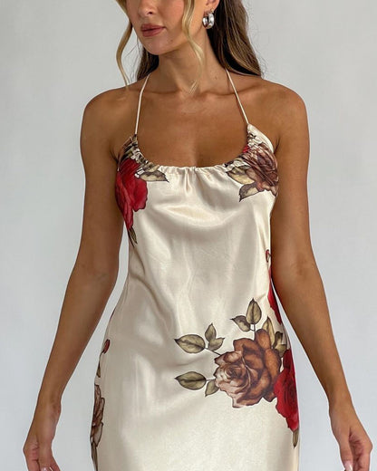 Vacation backless strappy printed dress