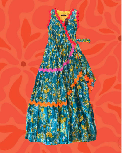 Linen Blend Ethnic Printed Elastic Maxi Dress