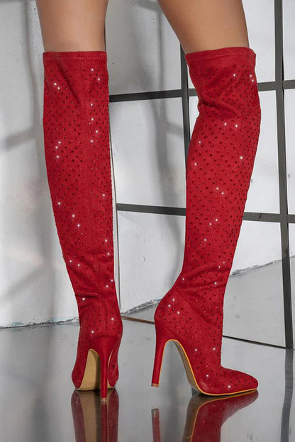 Rhinestone Decor Pointed Toe Stiletto Heel Over The Knee Boots