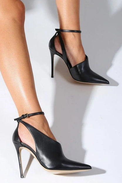 Ankle Strap Buckle Cutout Pointed Toe Black Stiletto Heels