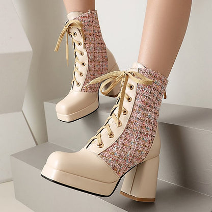 Patchwork Square Toe Chunky Heel Lace Up Mid Calf Boots