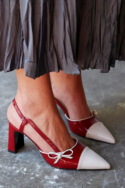 Colorblock Bow Pointed Toe Slingback Burgundy Chunky Heels [Pre Order]