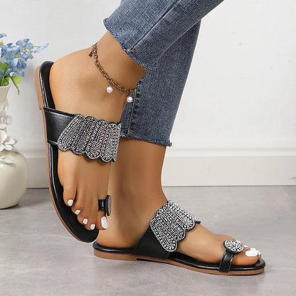 Rhinestone Decor Agaric Edge Strap Toe Ring Flat Slippers