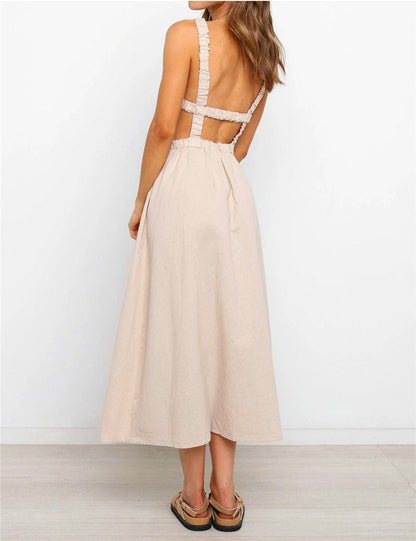 Solid Color Linen Backless Dress