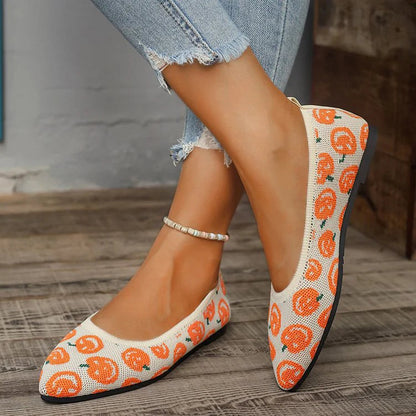 Halloween Horror Pumpkin Pattern Print Pointy Toe Knit Flats