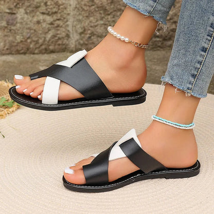 Color Block Criss Cross Belt Toe Ring Seam Casual Slippers