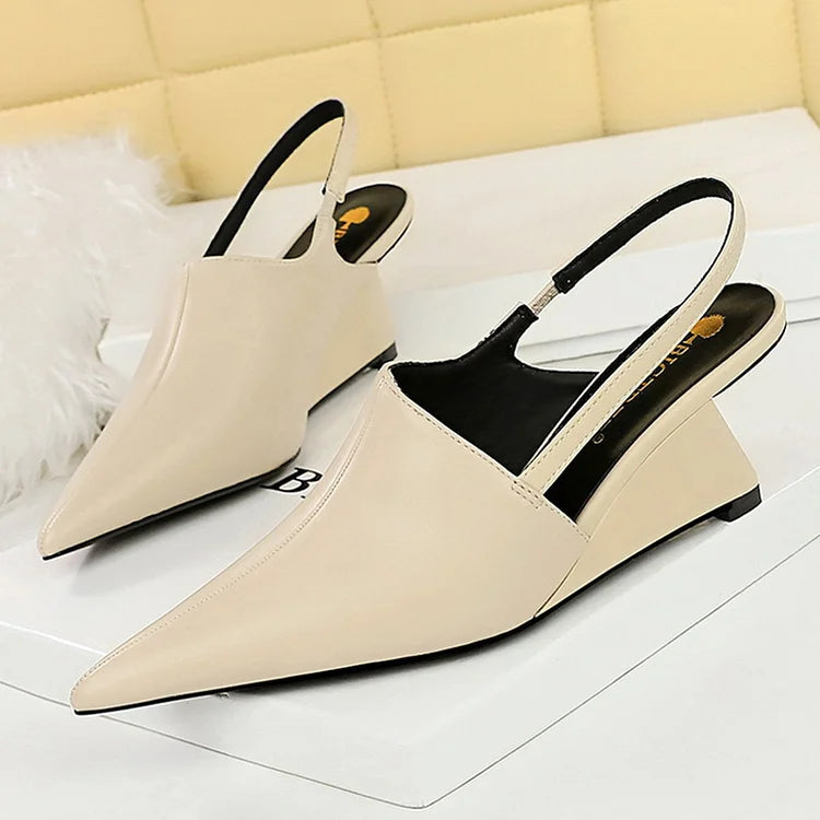 Elegant Solid Color Pointy Toe Slingback Strap Wedge Heels