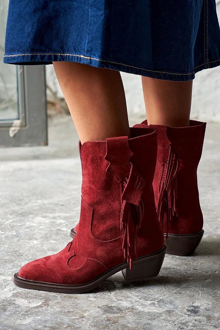 Fringe Patchwork Pointed Toe Burgundy Western Boots [Pre Order]