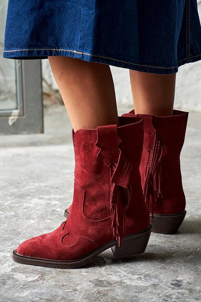 Fringe Patchwork Pointed Toe Burgundy Western Boots [Pre Order]