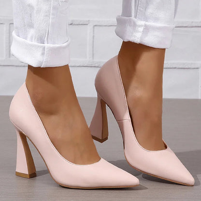 Casual Solid Color Pointy Toe Slip On Chunky Heels