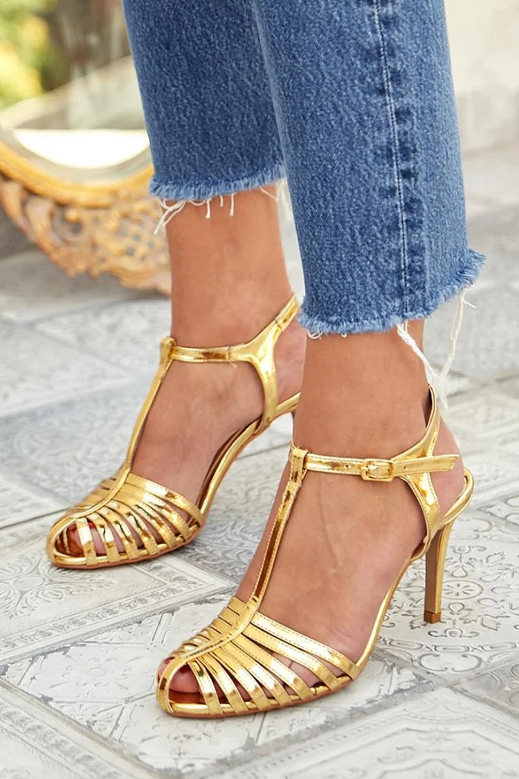 Metallic Sheen Hollow Out T-Strap Buckle Gold Stiletto Heels [Pre Order]