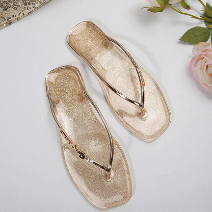 Letter Love Sculpture Sheen Metallic Flip Flops Square Toe Slippers