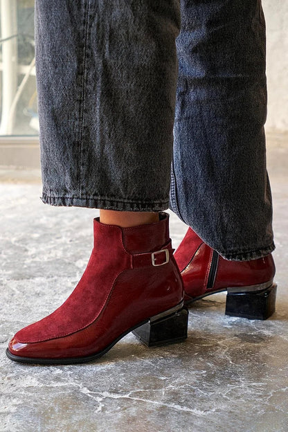 Zipper Round Toe Patchwork Chunky Heel Burgundy Ankle Boots [Pre Order]