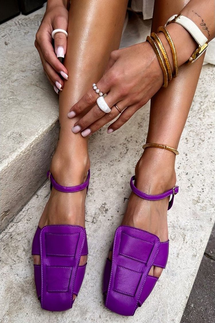 Hollow Out Square Toe Solid Color Purple Flats [Pre Order]