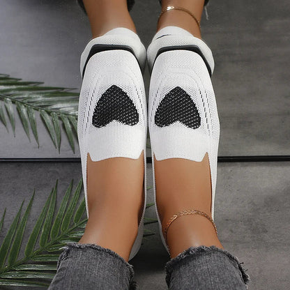 Heart Print Square Toe Knit Breathable Casual Slip Flats