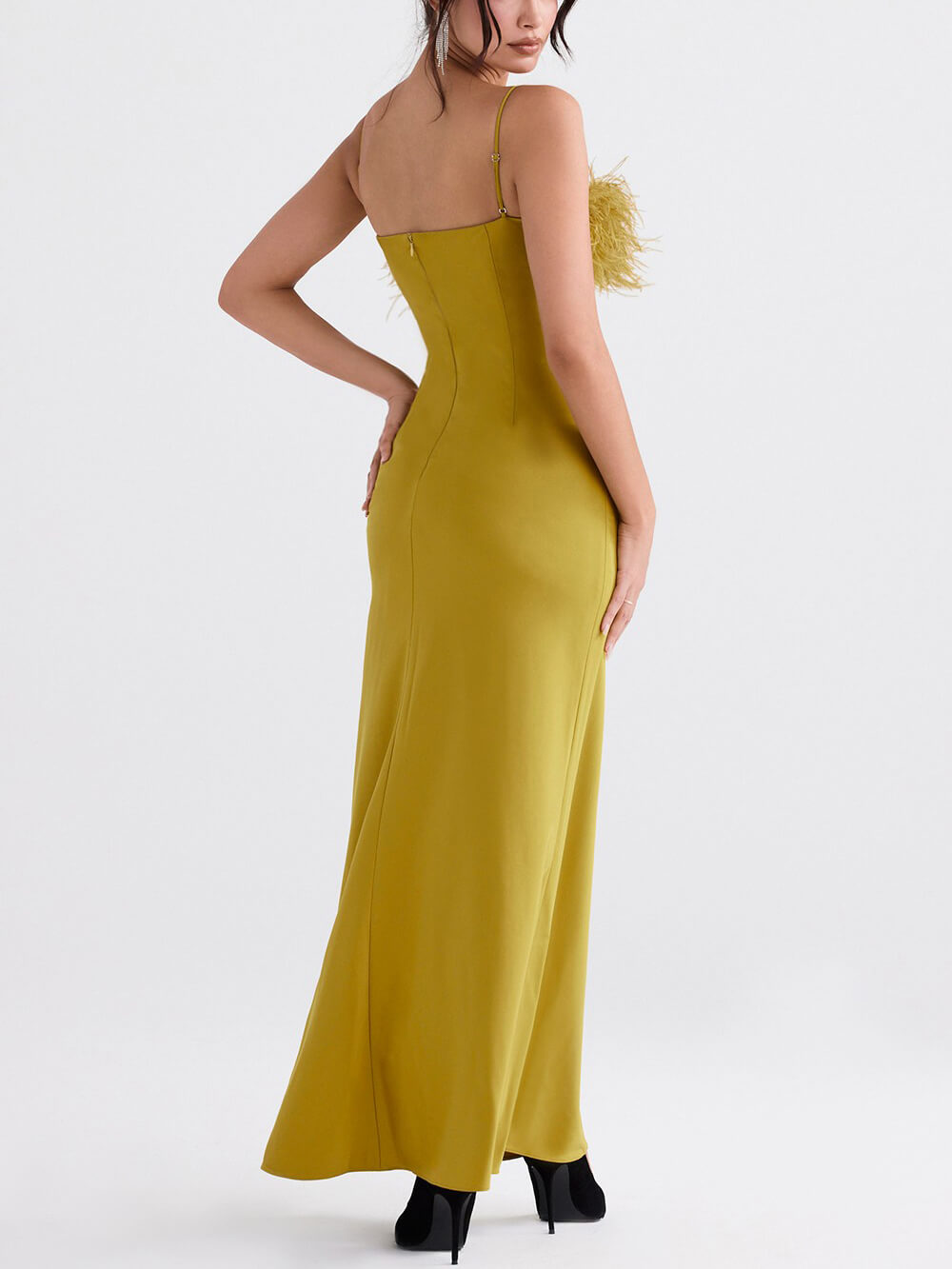 Delicate Satin Feather Neck Sling Midi Dress