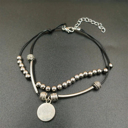 Boho Style Alloy Round Pendant Beaded Layered Anklet