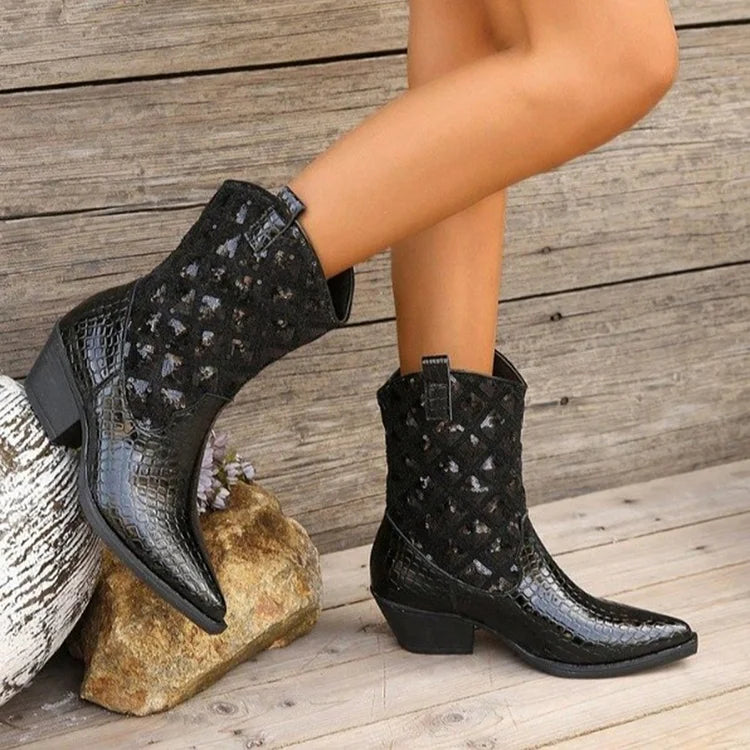 Crocodile Pattern Patchwork Pointed Toe Chunky Heel Mid Boots