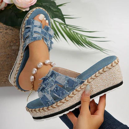 Patchwork Print Hollowed Peep Toe Denim Frayed Wedge Slippers