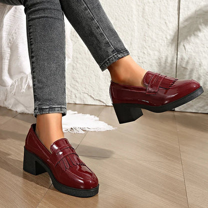 Patchwork Fringed Trim Round Toe Chunky Heel Loafers