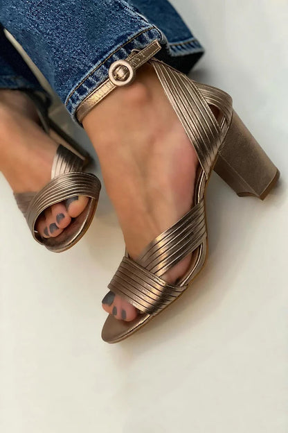 Textured Ribbed Peep Toe Ankle Strap Gold Sandals Heels