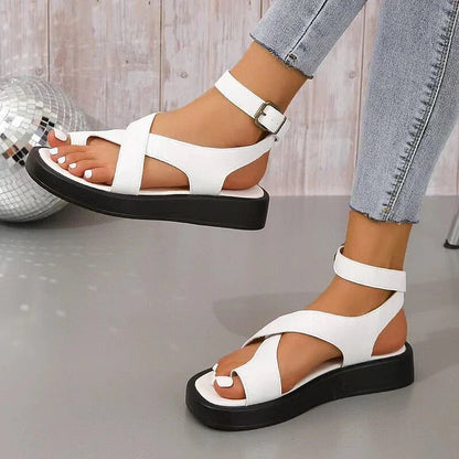 Cross Belt Ankle Strap Buckle Square Toe Platform Toe Ring Sandals