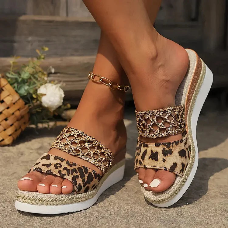 Crochet Hollow Floral Butterfly Leopard Print Espadrille Wedge Slippers