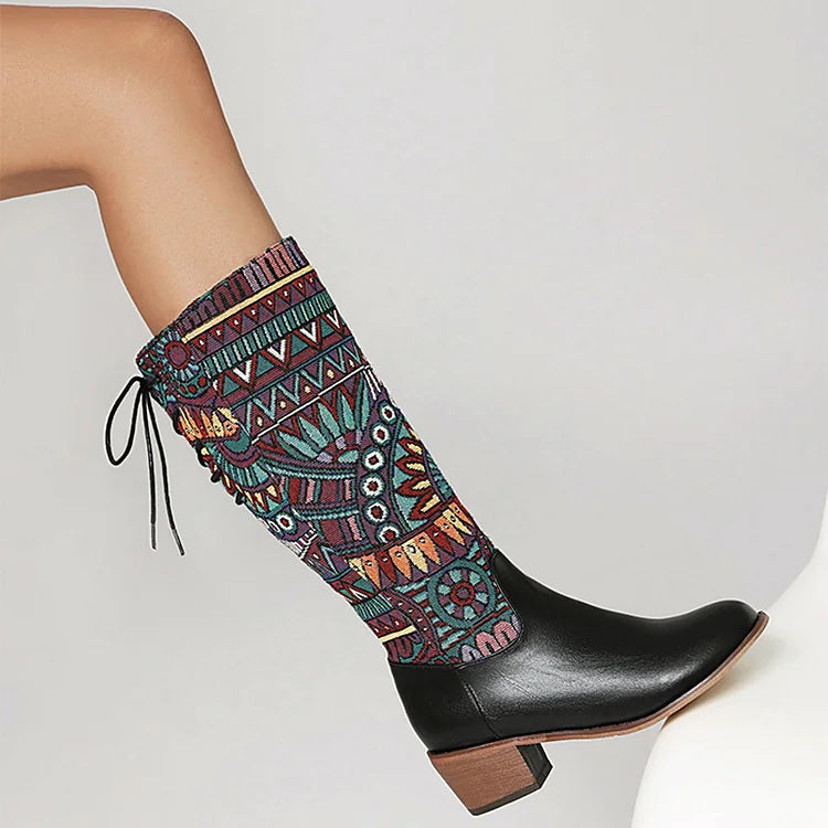 Multicolor Tribal Pattern Patchwork Lace Up Mid Calf Boots