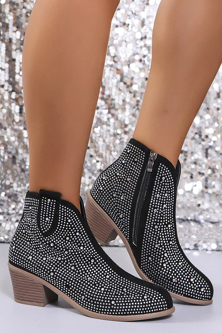 Rhinestone Decor V Cut Round Toe Chunky Heel Ankle Boots