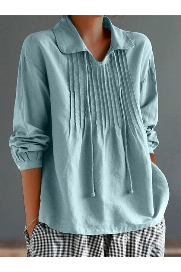 Solid Color Neckline String Long Sleeve Casual Loose Shirt