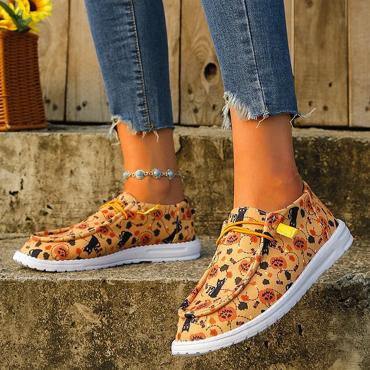 Halloween Candy Pumpkin Cat Print Lace Up Canvas Casual Shoes