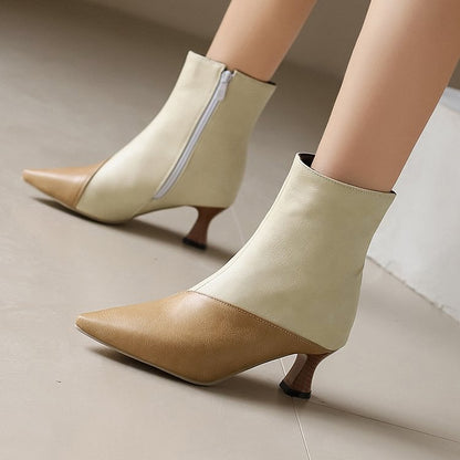 Colorblock Pattern Patchwork Pointed Toe Zipper Ankle Boots