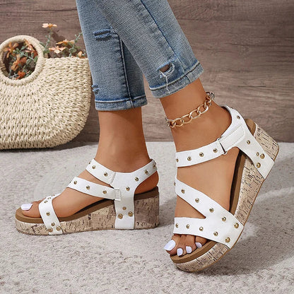 Rivet Decor Plain Cut Out Buckle Peep Toe Wedge Sandals