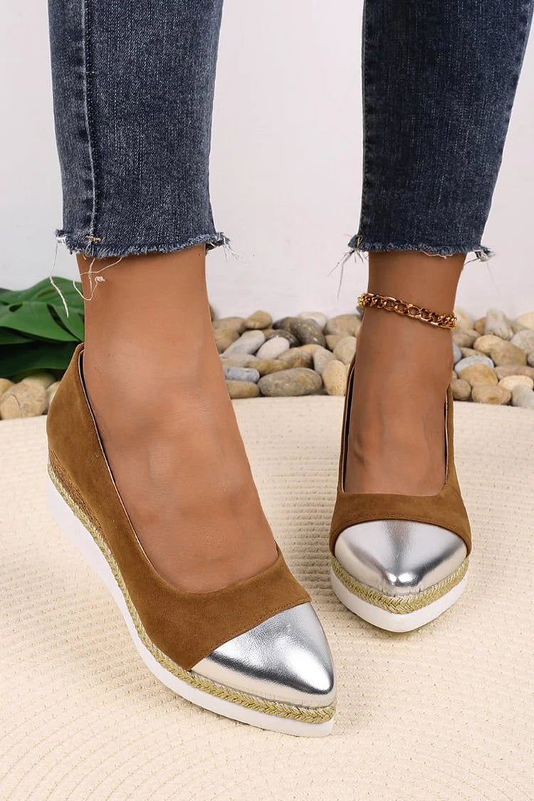 Metallic Sheen Patchwork Pointed Toe Slip On Wedge Heels