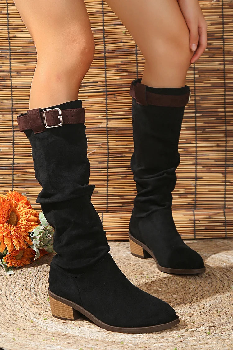 Colorblock Strap Buckle Decor Pointed Toe Chunky Heel Knee High Boots