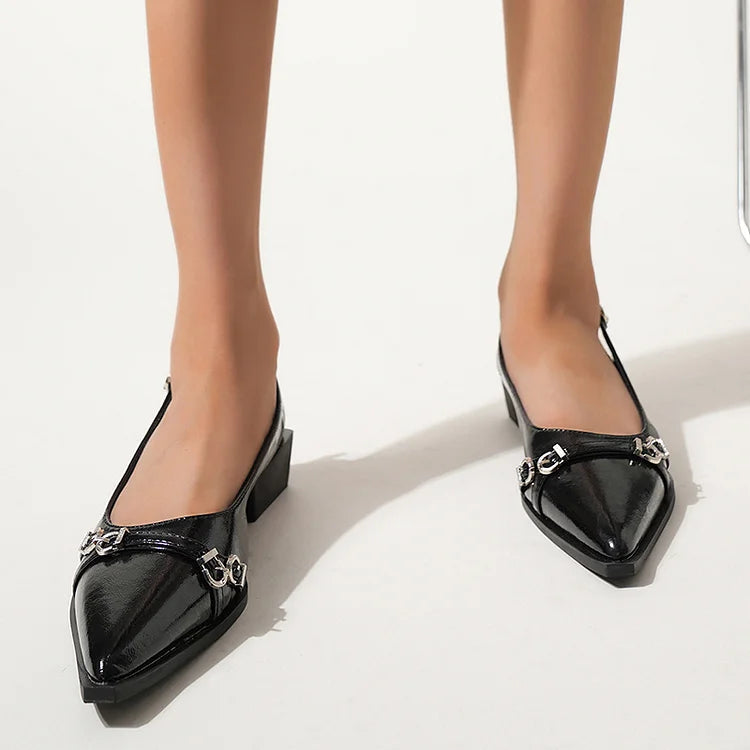 Glossy Pointy Toe Belt Buckles Decor Slingback Strap Flats