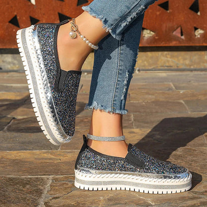 Shimmering Sequin Stitch Detail Round Toe Slip On Platform Loafers