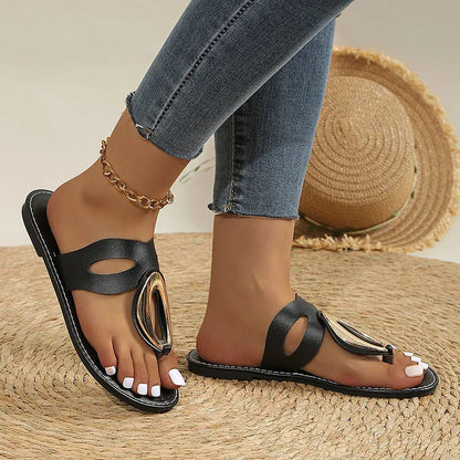 Cut Out Metal Ring Decor Stitch Detail Flip Flops Casual Slippers