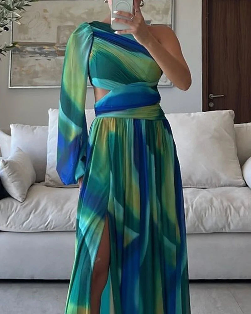 Elegant Shoulder Single-sleeve Chiffon Dress