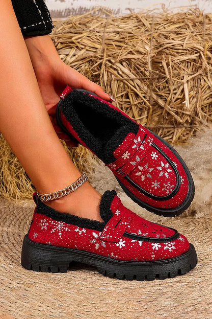 Christmas Snowflake Print Fleece Lined Round Toe Loafers