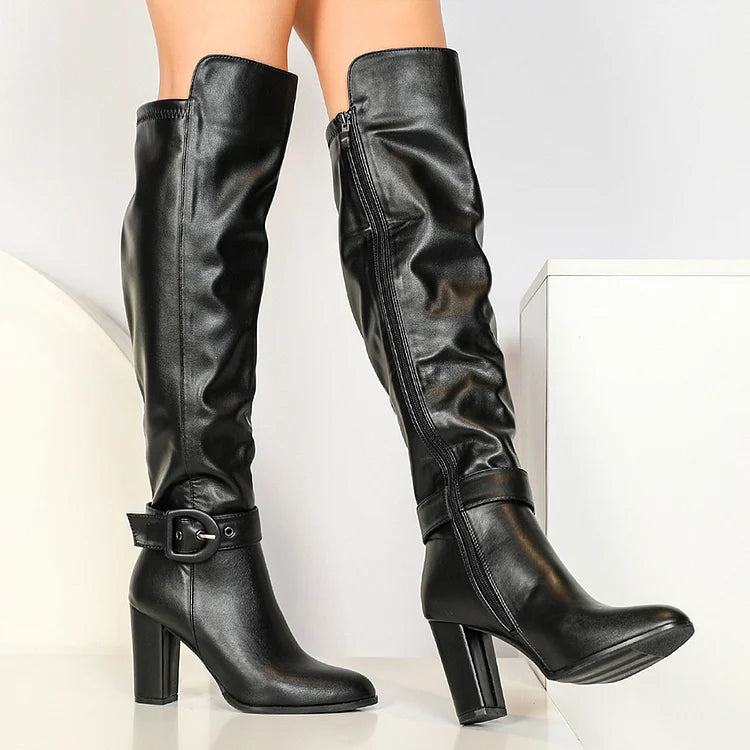 Strap Buckle Decor Irregular Edge Pointed Toe Chunky Heel Knee High Boots