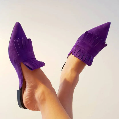 Fringed Trim Pointy Toe Slippers Matte Mules